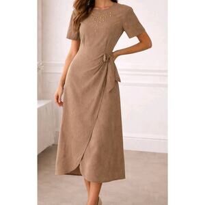 Vntg Scarlett Beaded Midi Dress Taupe Brown Wrap Skirt Waist Tie Elegant 80s 90s